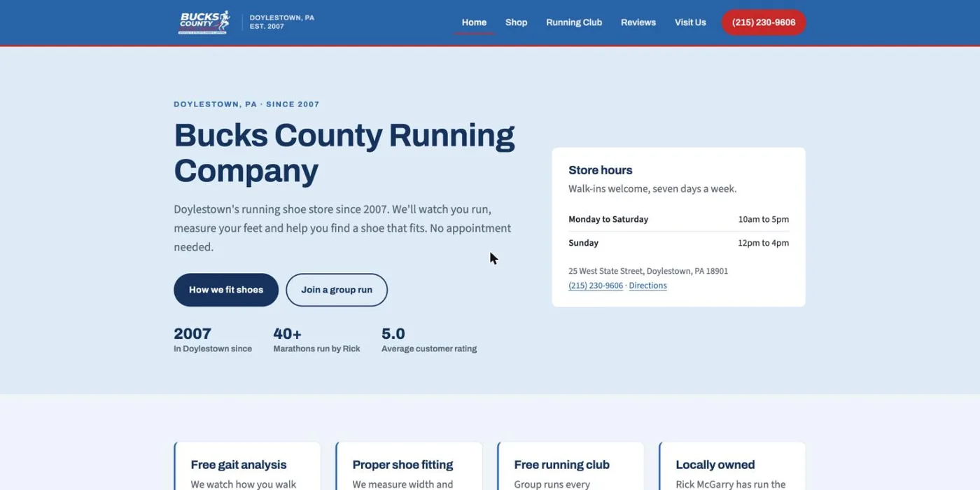Bucks County Running Company landing page